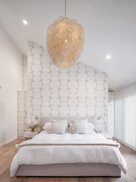 Tonal White Tile Wallpaper and Sculptural Pendant Light