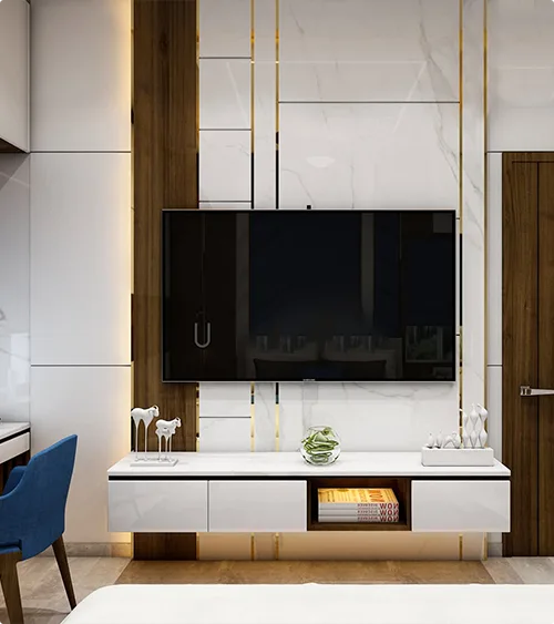 White TV Wall with Gold Metal Trim