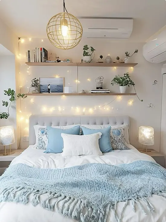 Wood Shelves Above a Bed with Fairy Lights