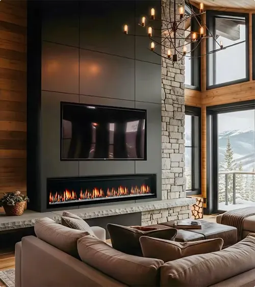 A stone and metal fireplace for mountain modern style
