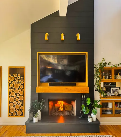 Black Fireplace with Bright Yellow Accents