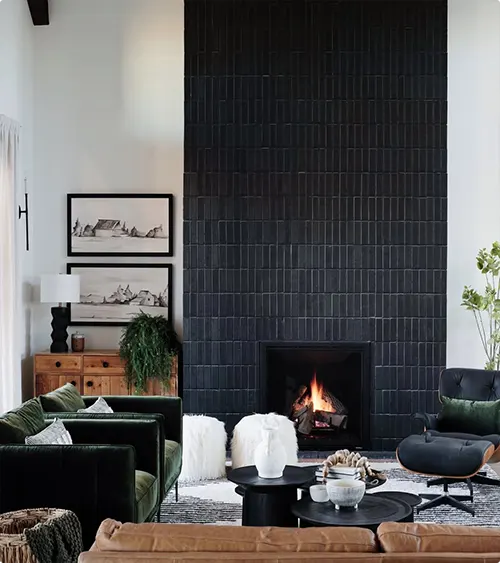 Black Floor-to-Ceiling Living Room Tile Wall
