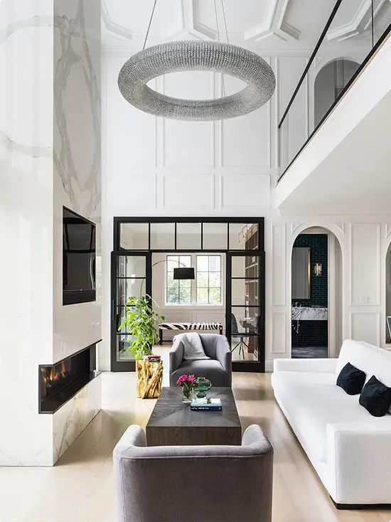 Black French doors for the grand white living room