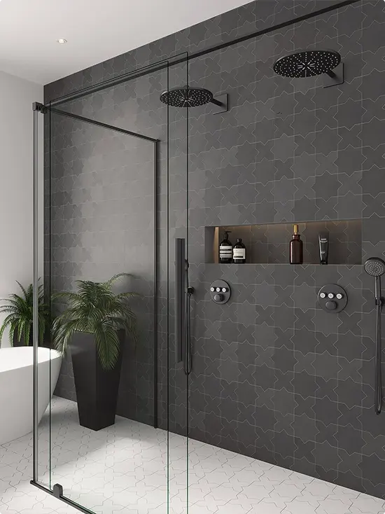 Charcoal Star Tile with Two Matte Black Showerheads