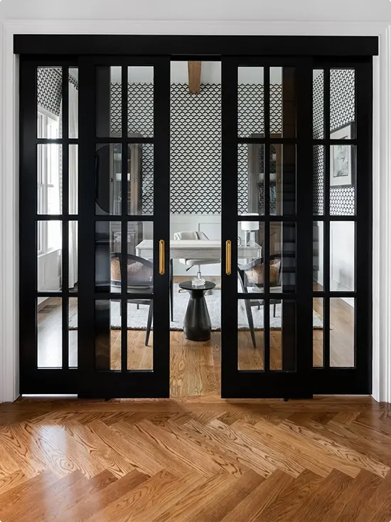 Gold Handle French Doors in Black with Four Panels