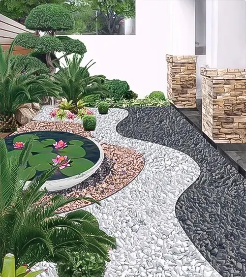 Layered garden around a lily pond