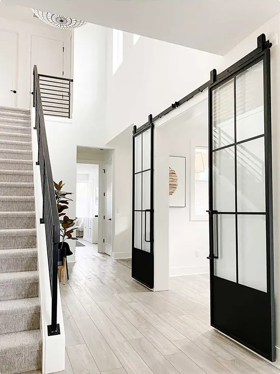 Modern hallway black steel French door with sliding operation