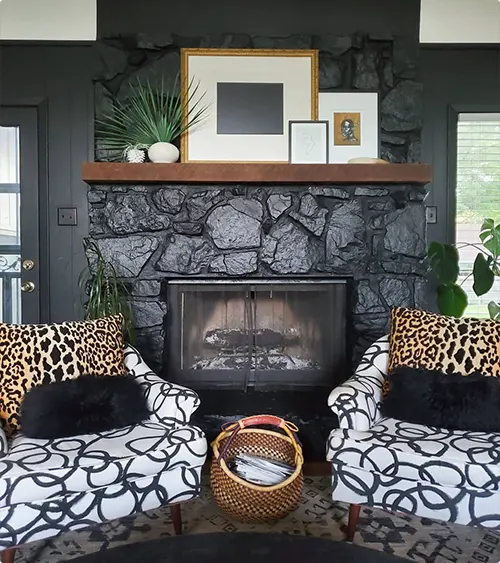 Stone Fireplace in Black with Bold Patterning