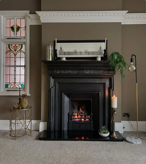Victorian Cast Iron Fireplace with Left Stained Glass Window