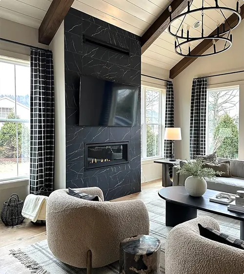 White Veined Marble Two-Story Fireplace