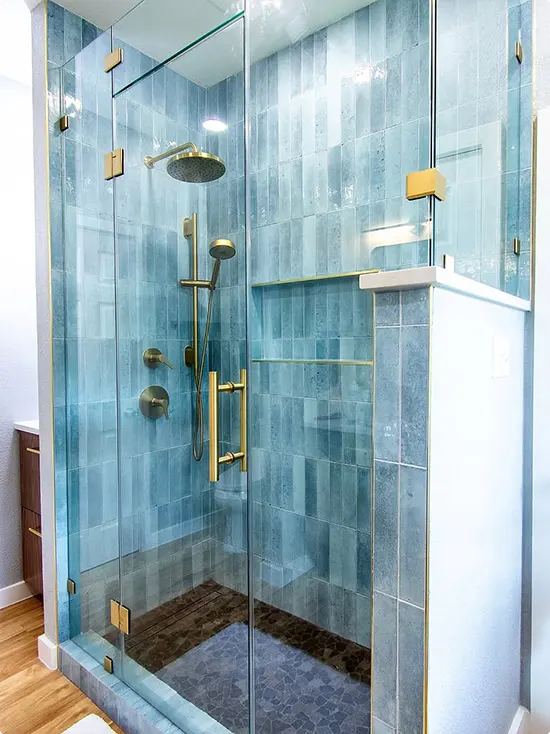 Aqua Blue Tile With Gold Hardware