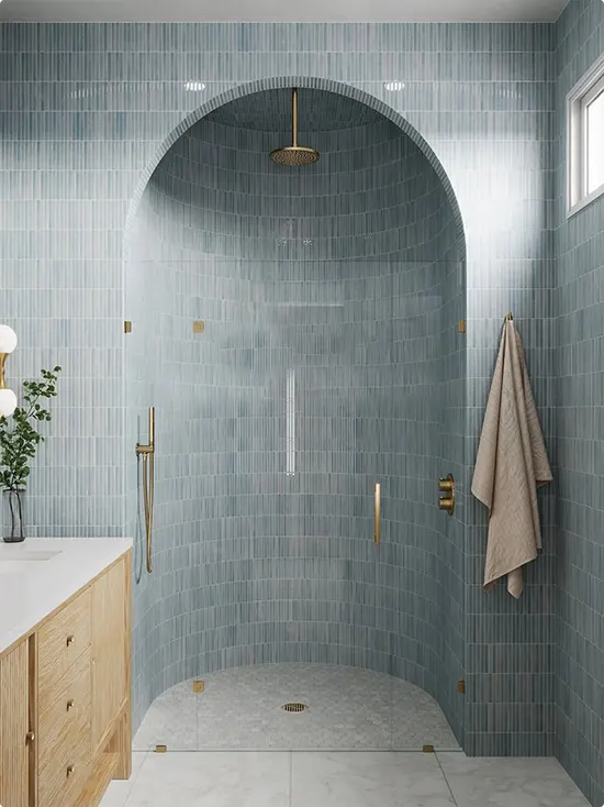 Arched Blue Stacked Tile Shower