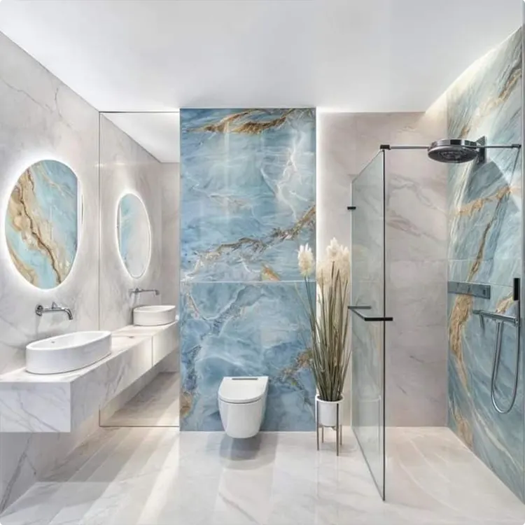 Blue Marble Accent Wall With Backlit Oval Mirrors