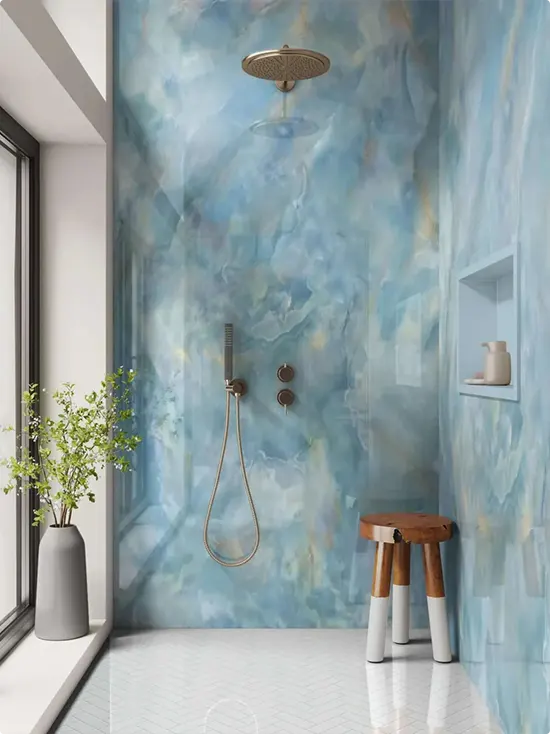 Blue Marble Shower Wall with Brass Fixture