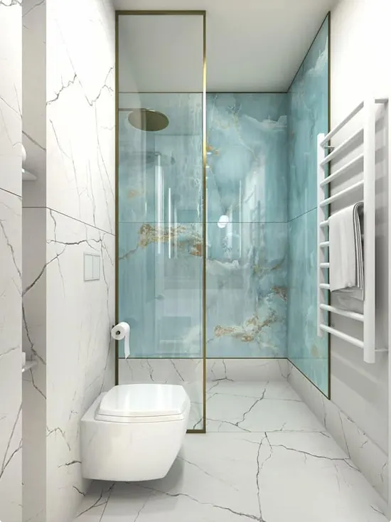 Blue Marble Shower with a Gold-Framed Glass Partition
