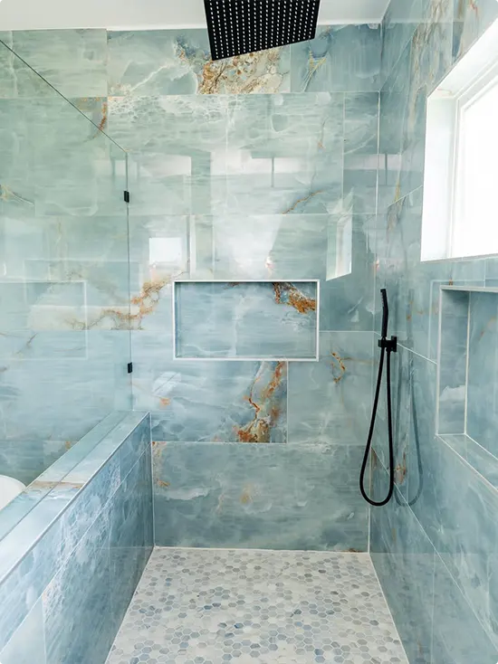 Blue Marble Shower with Gray Blue Penny Tile