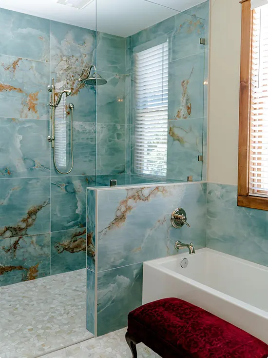 Blue Marble Walk-In Shower and Soaking Tub