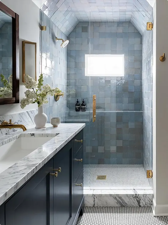 Blue Zellige Shower Tile and Sloped Ceiling