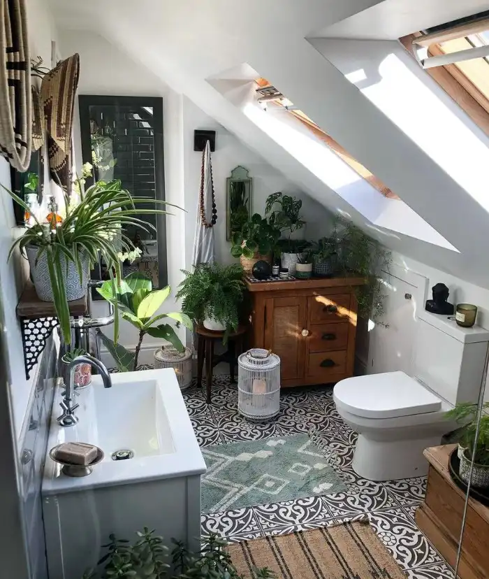 Boho-Style Bathroom with a Skylight