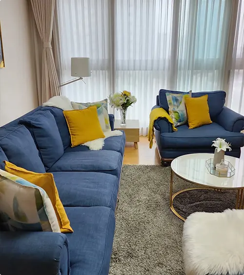 Compact Navy and Mustard Living Room