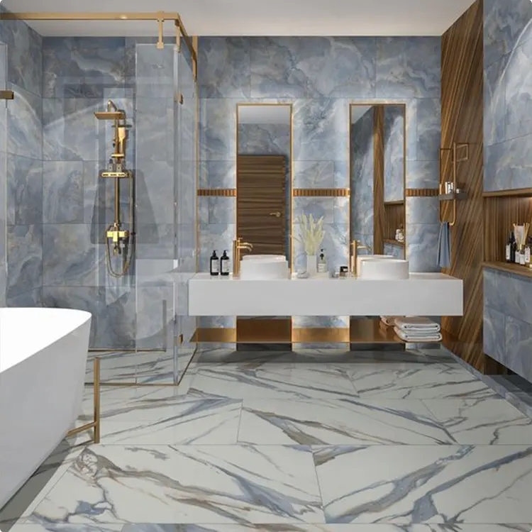 Deep Blue Gray Marble Bathroom with Walnut