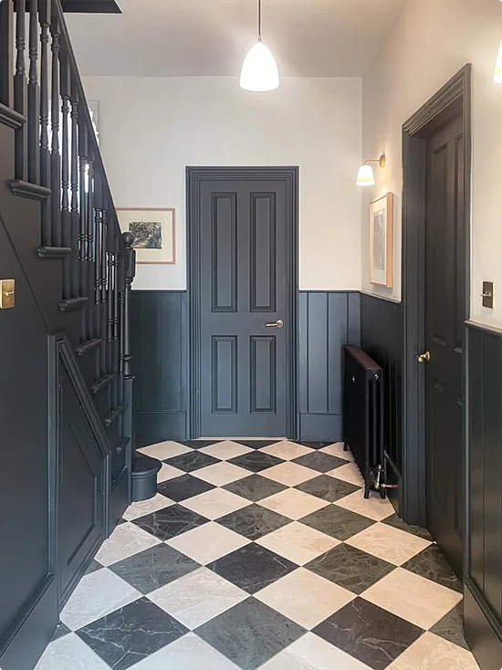 Deep Slate Blue Board and Batten with Checkerboard Marble Floor