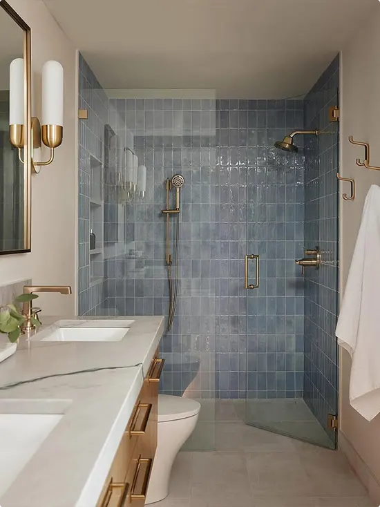 Dusty Blue Square Zellige Tile with Warm Brass