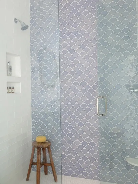 Full Wall Shower with Blue Fish Scale Tile