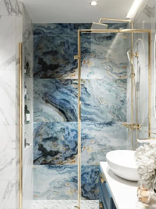 Gold Framed Deep Blue Marble Shower
