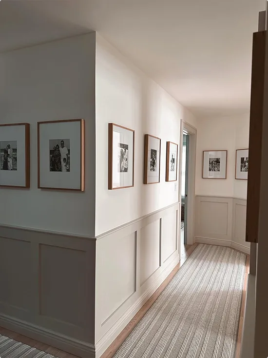 Greige Board-and-Batten Wall with Family Photos
