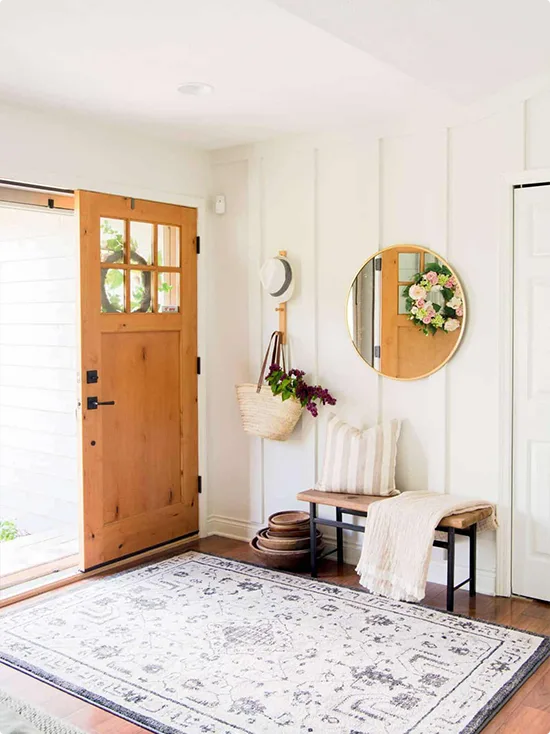 Honey-Toned Wood Door Next to White Board and Batten