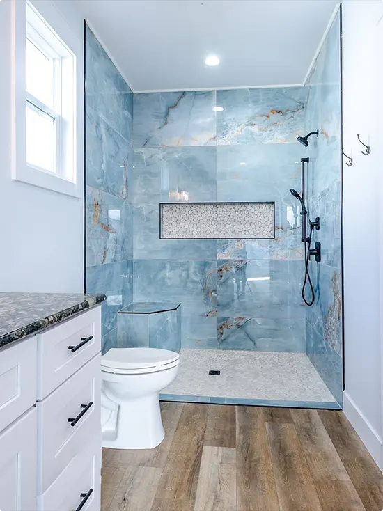 Large Blue Marble-Look Shower with Wood-Look Floor
