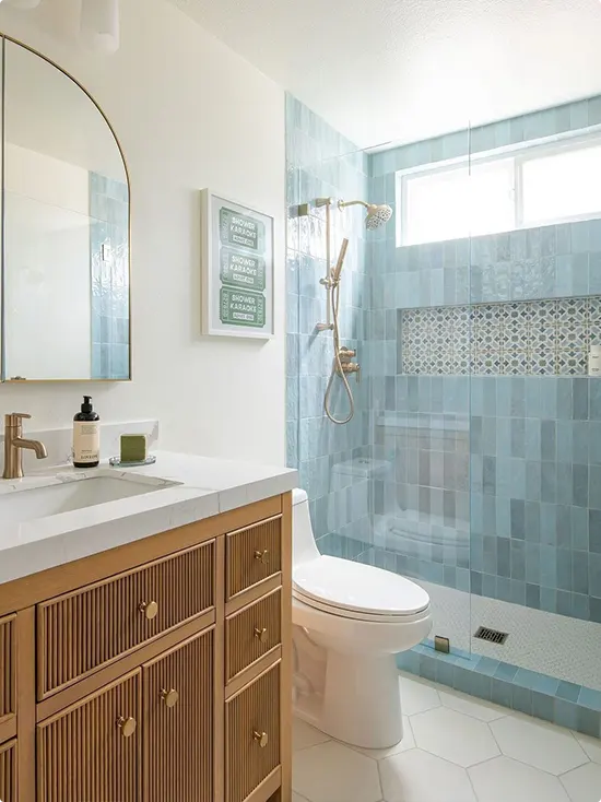 Light Blue Shower Tile and Rattan Vanity