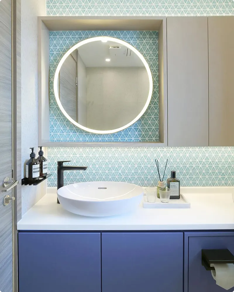Patterned Tile and Periwinkle Vanity