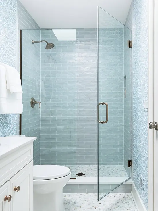 Soft Blue Wall Tile and Blue Floral Wallpaper