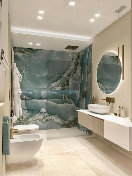 Teal Marble Bathroom with Beige Walls and Backlit Mirror