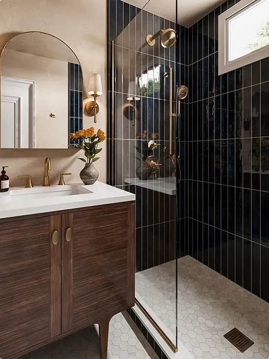 Vertical Midnight Blue Tile Shower and Gold Hardware