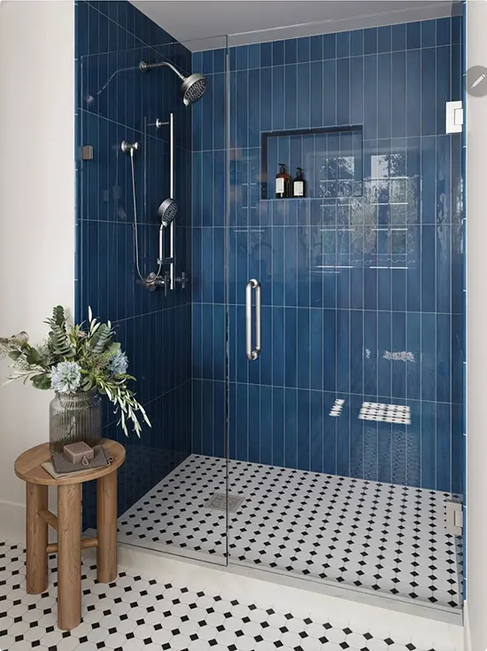 Vertical Navy Tile With a Black and White Mosaic Floor