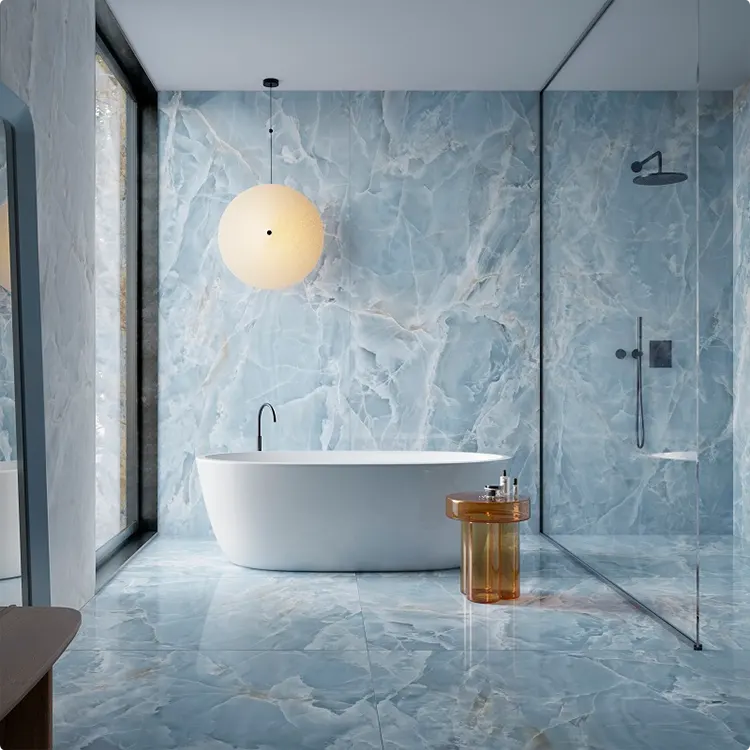 White Freestanding Tub and Round Globe Pendant in Full Blue Marble Surroundings