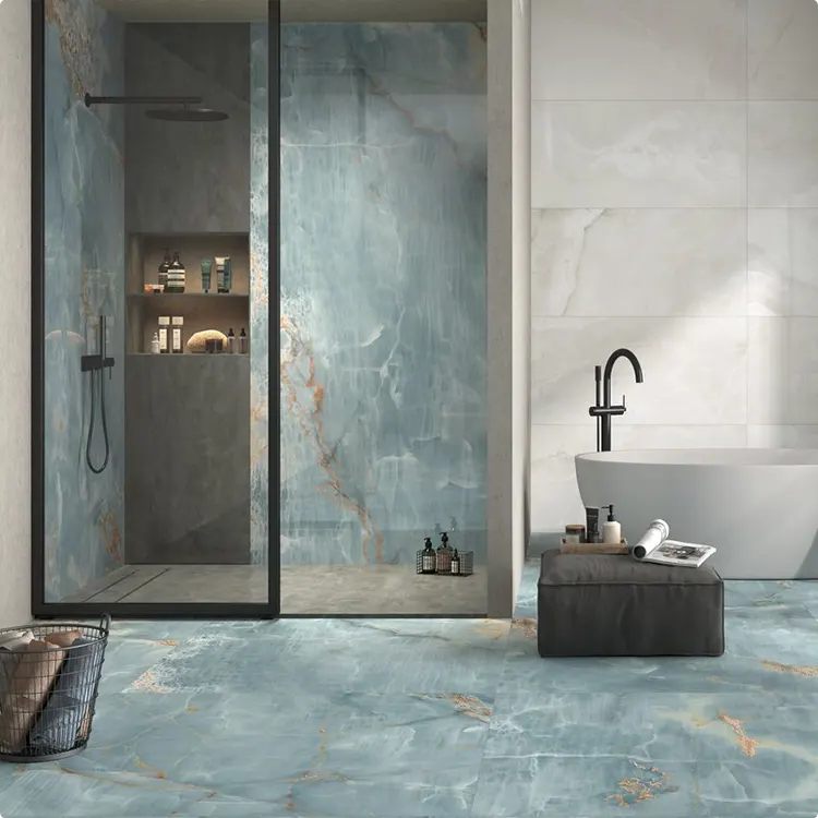 White Marble Around a Blue Marble Shower