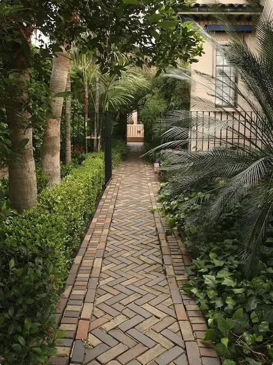 A Brick Path in a Herringbone Pattern Among Tropical Greenery