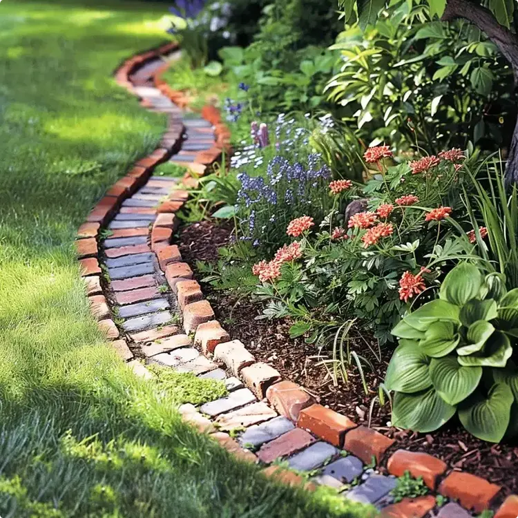 A Cottage Garden Bed Framed by Two Rows of Brick