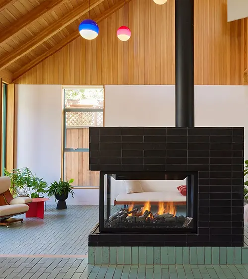 Black Tile Wood Accent Fireplace