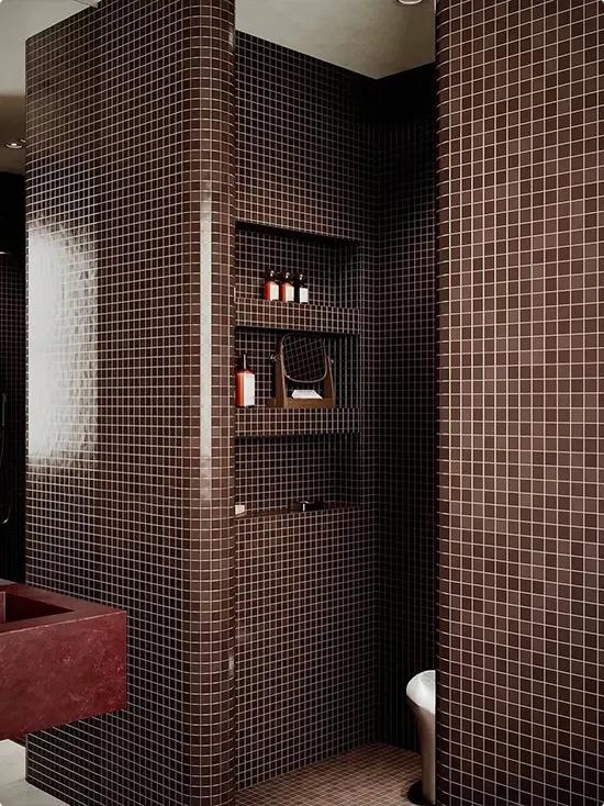 Brown Mosaic Tile Throughout the Shower