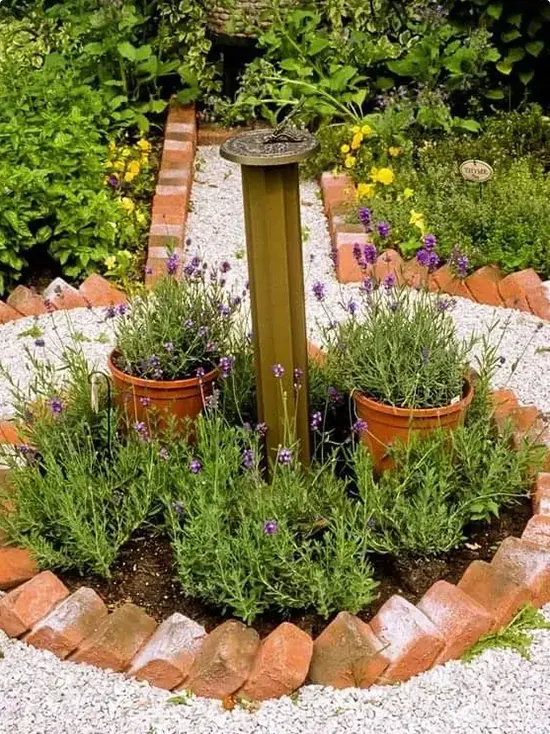 Circular White Gravel Herb Garden with Sundial and Red Brick Edging