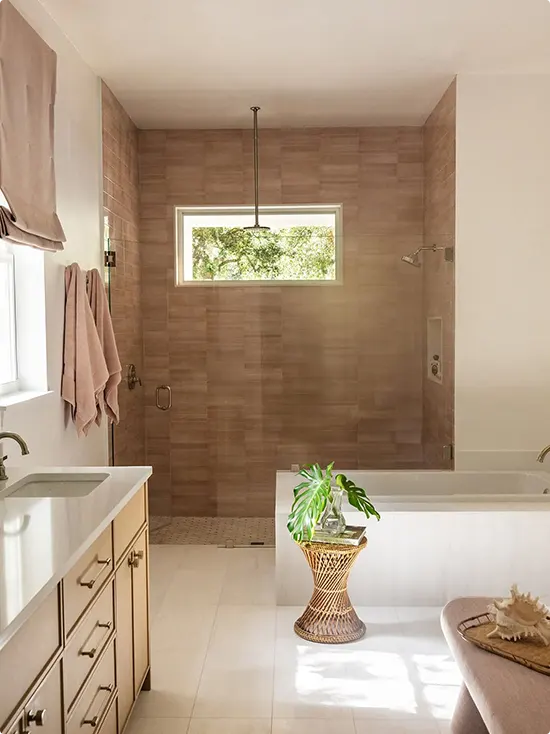 Coastal Earthy Shower with Garden Window
