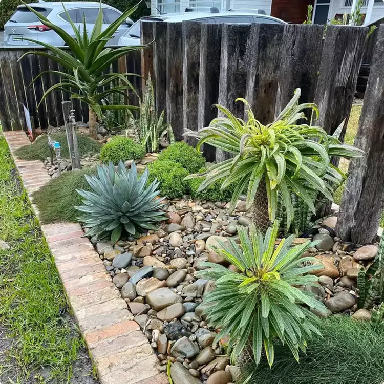 Desert Brick Edged River Rock Succulent Bed