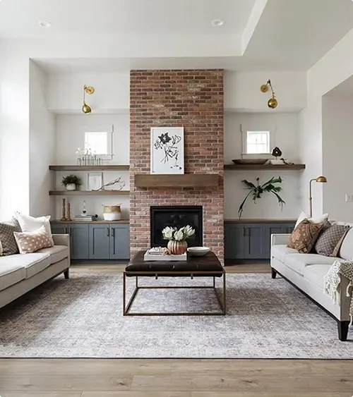 Exposed Brick Around the Fireplace and Gray Built-Ins