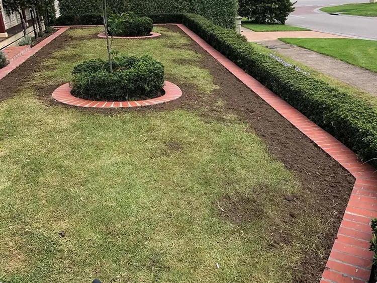 Formal Red Brick Edged Front Yard with Hedges and Mulched Bed