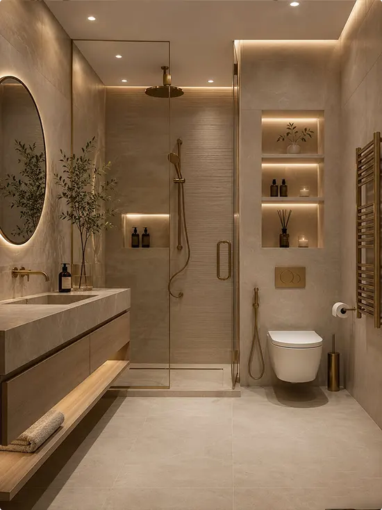Gold accents in a greige bathroom